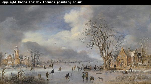 Aert van der Neer A winter landscape with skaters and kolf players on a frozen river,